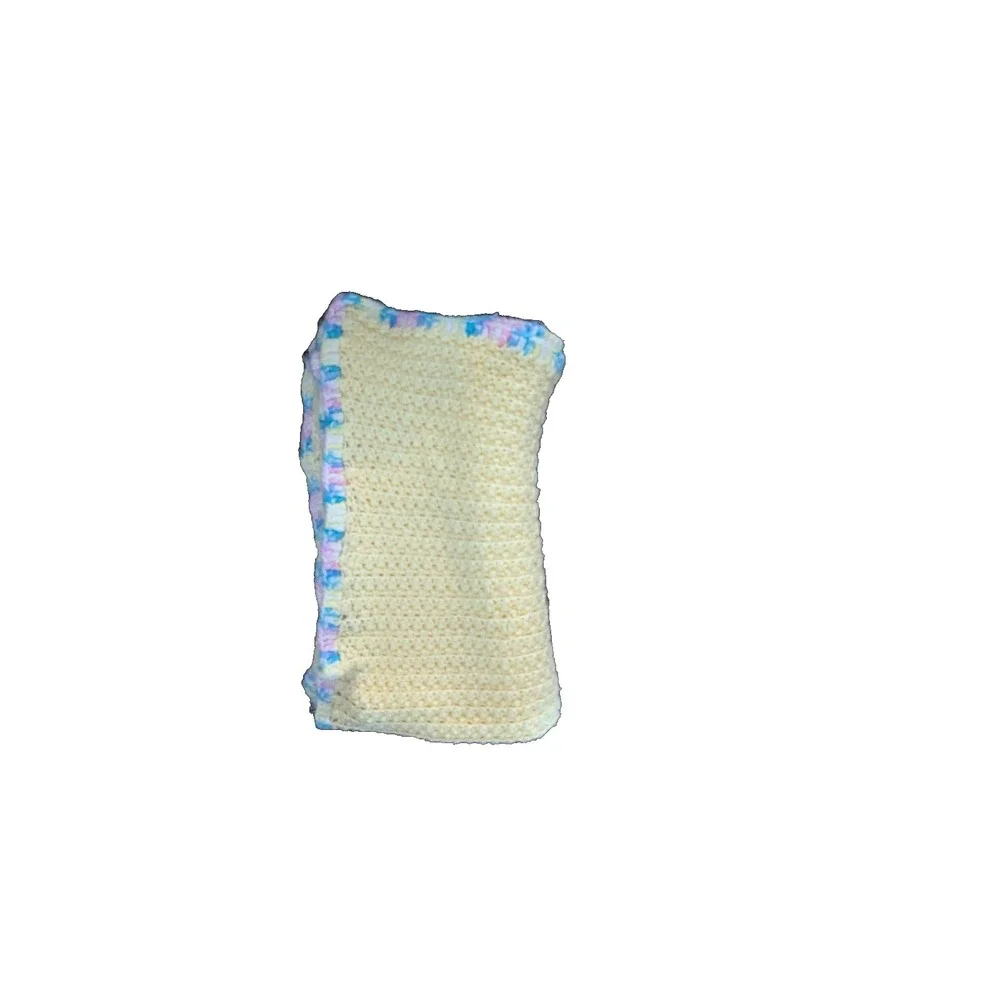 vintage hand crocheted sunny yellow‎ baby blanket afghan pink blue cottage